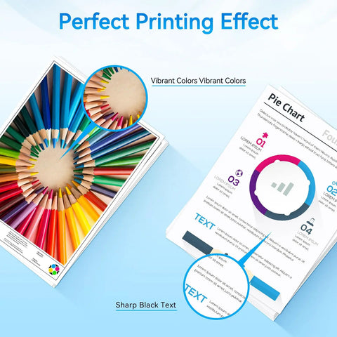 Printed documents showcasing vivid colors and sharp text using 64XL Ink Cartridges Black And Color Combo Pack For 64 High Yield Replacement.