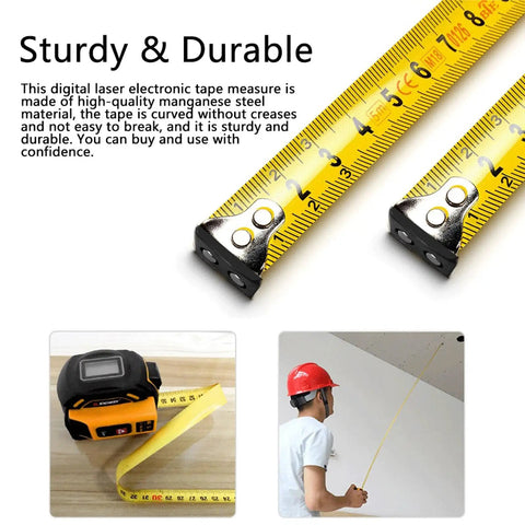 Pro Grade Digital Laser Tape Measure Workhorse 60 Meter 197 Ft Range with high-quality manganese steel and clear scale.