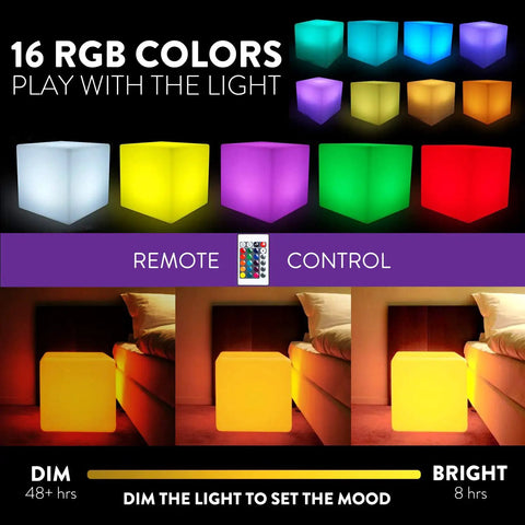 Rechargeable 12 Inch LED Light Cube Stool With Remote Control Mood Lamp showing 16 color options and brightness settings