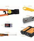 Pass Through Ethernet Crimp Tool Kit For Cat5 Cat5e Cat6 Cables with 50 RJ45 Connectors, 9V Battery Tester, Cutter, and Tools (dimensions)