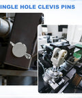 Top Shelf 8 Piece M3x25mm Single Hole Clevis Pins With Cotter Pins Heavy Duty 304 Stainless Steel in use on machinery.