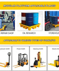 Rugged Heavy Duty Modular Oil Spill Containment Tray With Drain Outlet holding barrels on forklifts in industrial settings