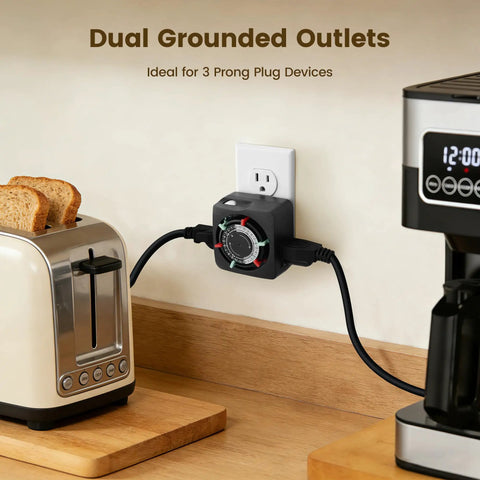 Slick Mechanical Timer With Two Grounded Outlets For Indoor Use And 24 Hour Daily Cycles shown in kitchen with toaster and coffee maker.