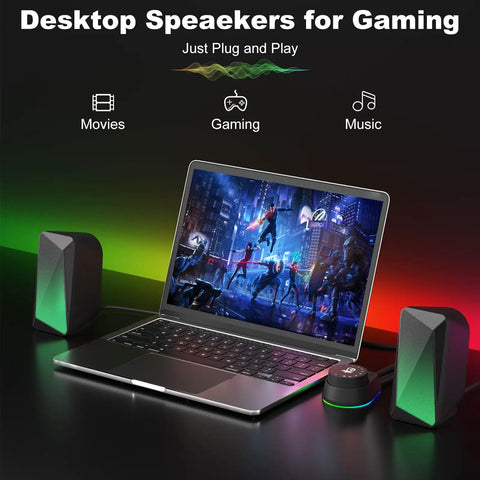 Bluetooth Computer Speakers With USB Power And 3.5mm AUX next to laptop showing gaming scene, with LED flame lights