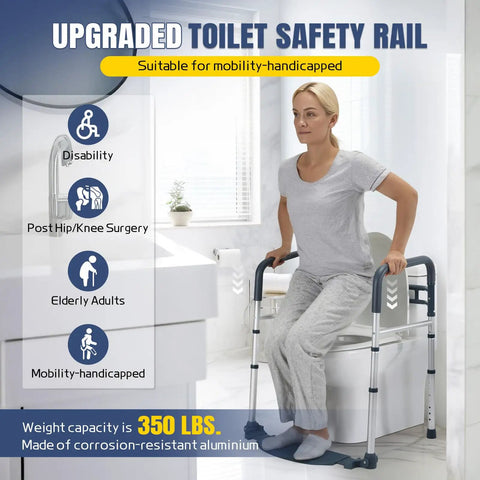Heavy Duty Bathroom Safety Rails With Footrest And Non Slip Rubber Feet Straight Up Solid Support For Seniors in use for easy standing.