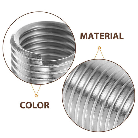 Close-up of 10Pcs M8 Stainless Steel Thread Insert Kit for Quick Thread Repair and Maintenance with focus on material and color