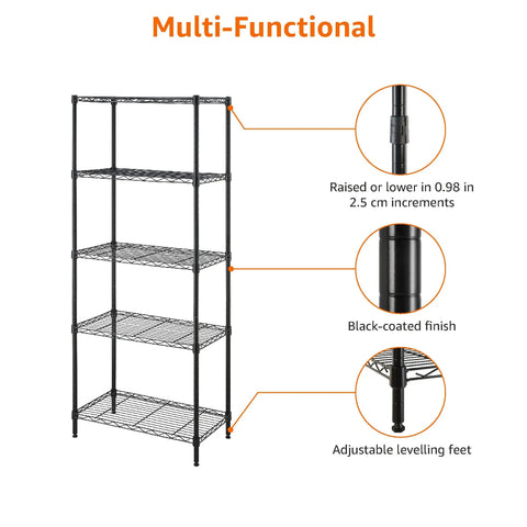 Heavy Duty Wire Shelving Rack Adjustable Five Tier Garage Storage Organizer Unit With Tool Supply Holder Black Finish showcasing levelers and height adjustments.