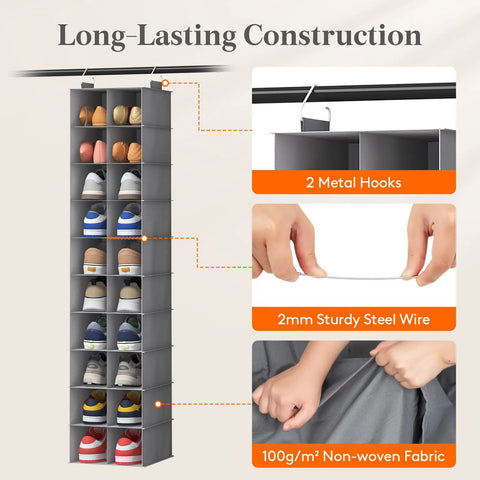 Dope Foldable Hanging Shoe Closet Rack Solid Thick Fabric Storage System With Wide Compartments Straight Up Perfect For Sneakers Flats Heels And Daily Slippers In Fresh Gray showcasing compartments and hooks.