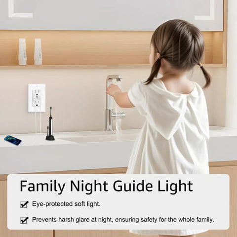 Twenty Pack Tamper Resistant Electrical Outlets With Built In Warm Led Night Light And Quick Charge Usb C And A in use in a child's room.