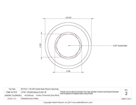 Top view diagram of Rock Solid Pack Of 10 Grade 2 Titanium Socket Head Cap Screws 10-32 X 1-1/2 Inch Unf Thread.