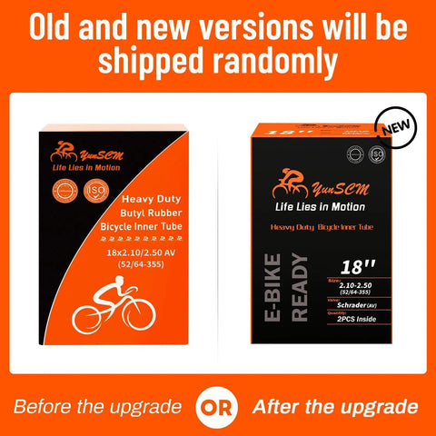 Packaging for 2 Pack 18 Inch Heavy Duty Bike Tubes 18x2.10 To 18x2.50 AV32mm Schrader Valve, old and new versions side by side