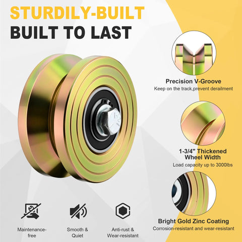 Heavy Duty 4 Inch V Groove Sliding Gate Rollers Built Like A Tank Handles 3000 Lbs Without Breaking A Sweat Corrosion Resistant Steel Wheels With Reinforced Welded Base close-up of precision V-groove wheel with gold zinc coating