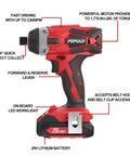 20V Max Lithium Ion Impact Driver With One Quarter Inch Quick Connect Chuck, 0 To 2900 RPM, features highlighted in red