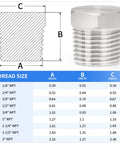 304 Stainless Steel Heavy Duty Outer Hex Head Socket Pipe Plug Fitting One Eighth Inch NPT Male Thread Adapter with size chart.