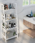 Top Notch Four Tier Bamboo Ladder Shelf Game Changer Plant Stand And Bulk Storage Rack No Sweat Freestanding Organizer showcasing bathroom storage.