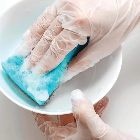Industrial Grade Clear Vinyl Gloves Disposable Powder Free Latex Free Non Sterile Food Safe Large 2.75 Mil Palm 3.9 Mil Fingers 100 Count Textured Grip And Slip Resistant being used to wash a dish.