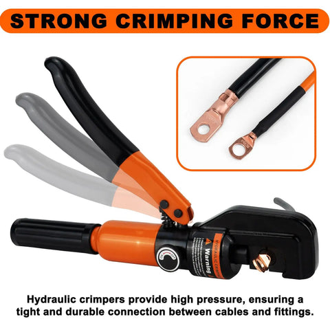 Heavy Duty Hydraulic Crimping Tool Kit With Cable Cutter And Nine Die Sets For Twelve AWG To Two Zero AWG Wires Includes Forty Copper Wire Lugs Pro Electrician Crimper For Terminal Crimping DIY And Professional Grade, showing crimper, copper lug, and cable.