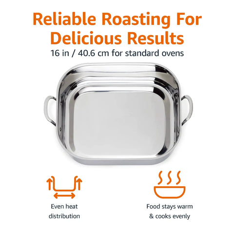 Heavy Gauge Stainless Steel Rectangular Roasting Pan With V Shape Rack Big Bird Turkey Roaster Oven Safe Dishwasher Ready 16 Inch