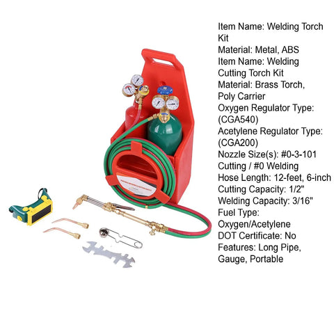 Brass Torch Welding And Cutting Kit With Dual Gauge CGA540 CGA200 12ft Twin Hose Empty 4L And 2L Tanks in red carrier.