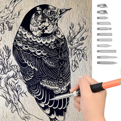 Wood Burning Kit With Adjustable Temperature Pyrography Pen 46-Piece Set For Adults Ergonomic Lightweight Handle in use on bird design
