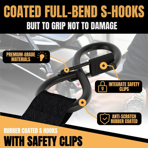 Close-up of rubber-coated S-hooks with integrated safety clips on heavy duty 1 inch by 12 foot retractable ratchet straps.