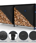 8ft Heavy Duty Firewood Rack With Weather Resistant 600D Oxford Cover showcasing firewood and cover features indoors or outdoors.