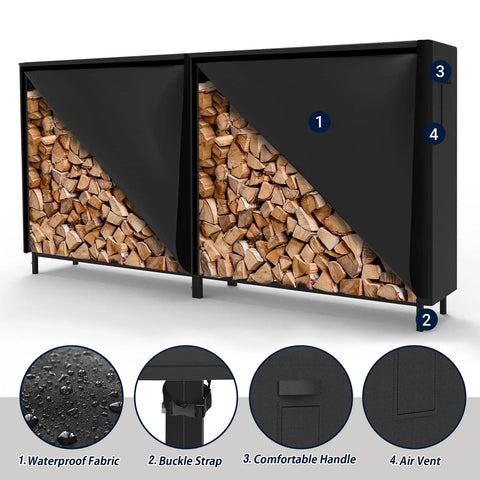 8ft Heavy Duty Firewood Rack With Weather Resistant 600D Oxford Cover showcasing firewood and cover features indoors or outdoors.
