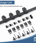 Heavy Duty Bifold Sliding Barn Door Hardware Track Kit With Hassle Free Mount And Silky Smooth Glide, Sweet Solution For Cramped Spaces, Black Supports Four Doors, includes track and hardware components.