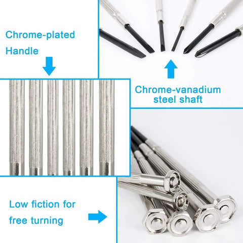 Close-up of Six Piece Mini Precision Screwdriver Set With Phillips Sizes 0 And 1 And Flathead Sizes 1.4mm 2.0mm 2.4mm 3.0mm