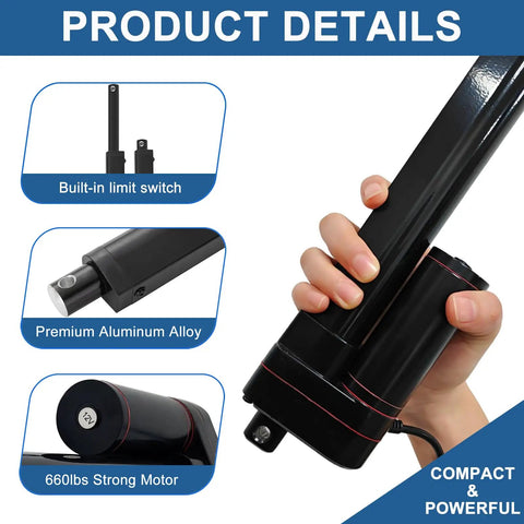 12V Heavy Duty Linear Actuator 24 Inch Stroke 660 Pound Capacity Straight Rod Push Pull Electric Cylinder with built-in limit switch and strong motor