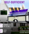 Crazy Bright Solar Motion Sensor Lights Outdoor With 298 LEDs Producing 2500 Lumens For Walls Posts Pathways And Gardens Up To 1600 Sq Ft Battery Powered 4400 mAh Two Pack showcasing charging and lighting features.