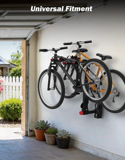 Heavy Duty Hitch Wall Mount For Garage Storage Designed To Fit One Point Two Five Or Two Inch Receivers While Locking Down Your Bikes Cargo Cases And Ski Gear Zero Fuss Install, holding two bikes in a garage.