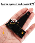 Close-up of a 6 Pack 3 Inch T Strap Hinge Heavy Duty Black Outdoor Tee Hinge on hand, showing 270-degree opening capability.