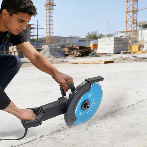 Heavy Duty Electric Concrete Saw Cutter With 3000 Watt Motor And Rugged Ab Diamond Blade in use for wall cutting.