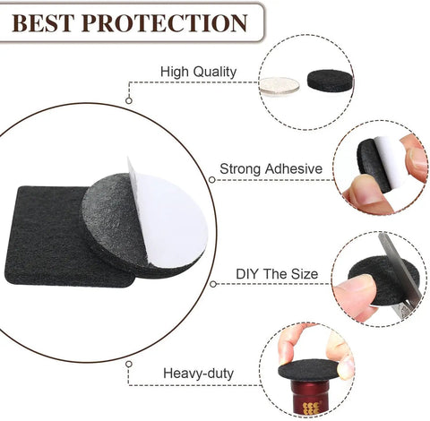 Heckin Smooth Felt Furniture Pads For Hardwood Floors Anti Scratch Guards round and square pads showing adhesion and size customization.