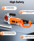 Pro Grade Electric Pipe Threader Kit Featuring Six Tough As Nails Dies And Portable Toolbox For No Sweat Threading On Galvanized Iron And Steel Pipes Built Damn Tough For Pros with features highlighting cooling holes and buttons.