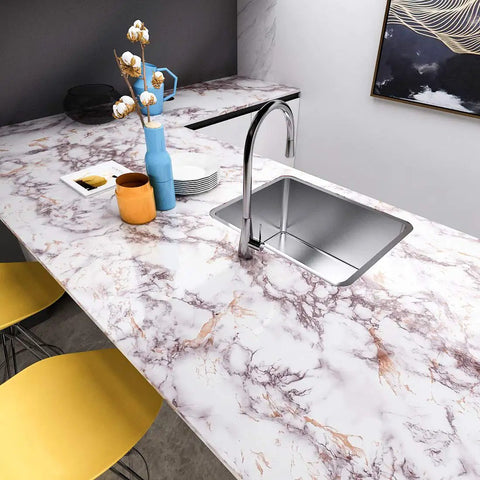 Kitchen counter with sink covered in 197 Inches Long And 36 Inches Wide Marble Contact Paper For Countertops Waterproof Peel And Stick Self Adhesive Vinyl Wrap No Mess Easy Install For Kitchen Counters Desks And Table Tops With Seamless Look.