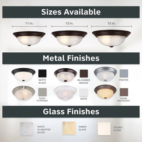 Size, metal, and glass finishes for Two Light Flush Mount Ceiling Light With White Alabaster Glass In Oil Rubbed Bronze Finish