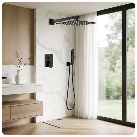 Top Tier 10 Inch Rainfall Shower System Featuring A Slick Handheld Wand And Ultra Smooth Single Lever Handle In Sharp Matte Black Coating.