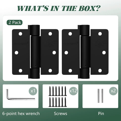 2 Pack Matte Black Self Closing Door Hinges Spring Loaded Auto Close Kit For Interior Doors with hex wrench, screws, and pins.