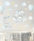Blue Watercolor Elephant Wall Decals For Kids Room With Moon And Stars Hot Air Balloon Theme Sticker Set above crib
