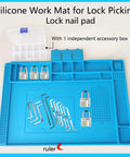 Pro Level Silicone Workbench Mat Featuring a Rock Solid Magnetic Surface and Smart 10 Slot Organizer Perfect for Soldering Phone Fixing and Lock Picking Practices Hella Heat Resistant 17.7 x 11.8 Inch shown with locks and tools.