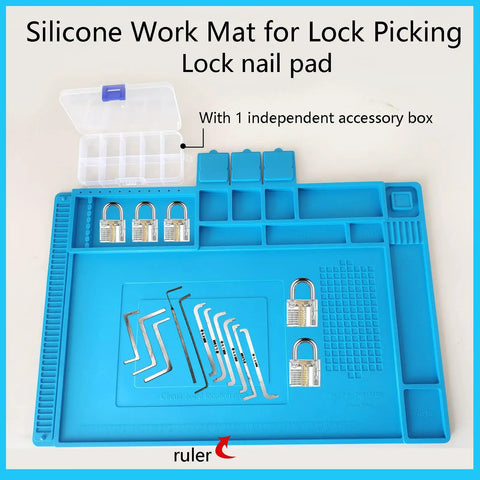 Pro Level Silicone Workbench Mat Featuring a Rock Solid Magnetic Surface and Smart 10 Slot Organizer Perfect for Soldering Phone Fixing and Lock Picking Practices Hella Heat Resistant 17.7 x 11.8 Inch shown with locks and tools.