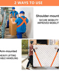 Heavy Duty Padded Moving Straps And Lifting Harness For Couches Furniture And Appliances Ergonomic Shoulder Gear in action, lifting a box and mattress.