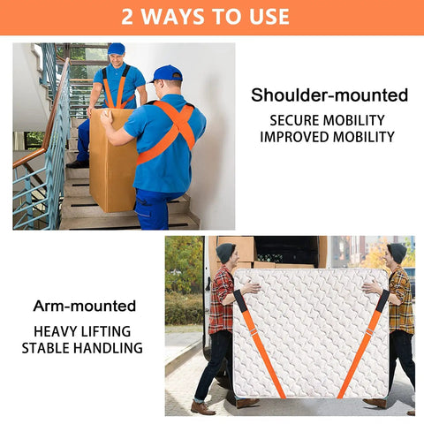 Heavy Duty Padded Moving Straps And Lifting Harness For Couches Furniture And Appliances Ergonomic Shoulder Gear in action, lifting a box and mattress.