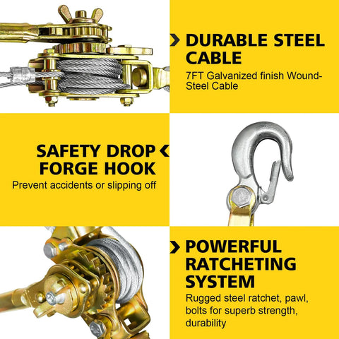 SENKEYFE Come Along Winch Puller, 3T, 10ft galvanized steel cable with two hooks for lifting and pulling