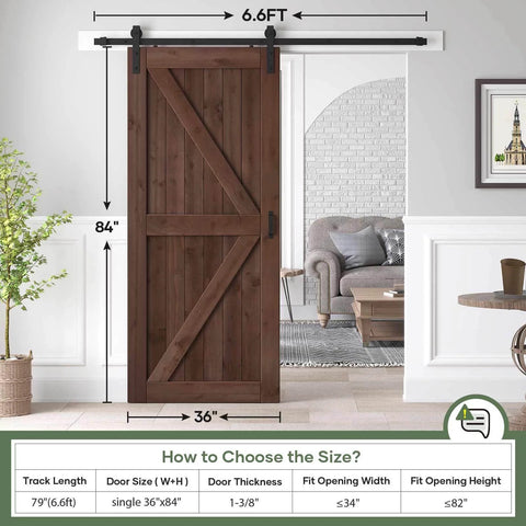 36x84 Inch Spruce Solid Wood Sliding Barn Door Slab In Coffee Finish With 6.6ft Hardware Kit And Handle K Shape