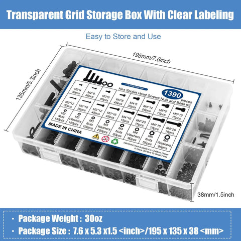 Heavy Gauge Metric Hex Socket Screw Kit With M2 M3 M4 M5 Bolts Matching Nuts And Flat Washers organized in transparent storage box.