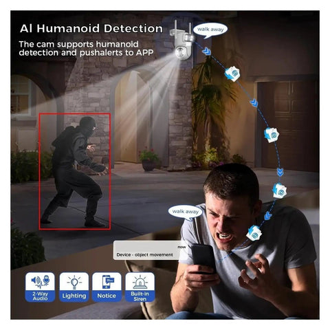 Kickass 6MP Dual Lens WiFi CCTV NVR Surveillance Camera Kit captures AI humanoid detection alerting user of object movement.