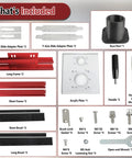 Heavy Duty Linear Rail Router Sled Slide Connector parts including frames, brush, dust port, and acrylic plate for slab flattening projects.